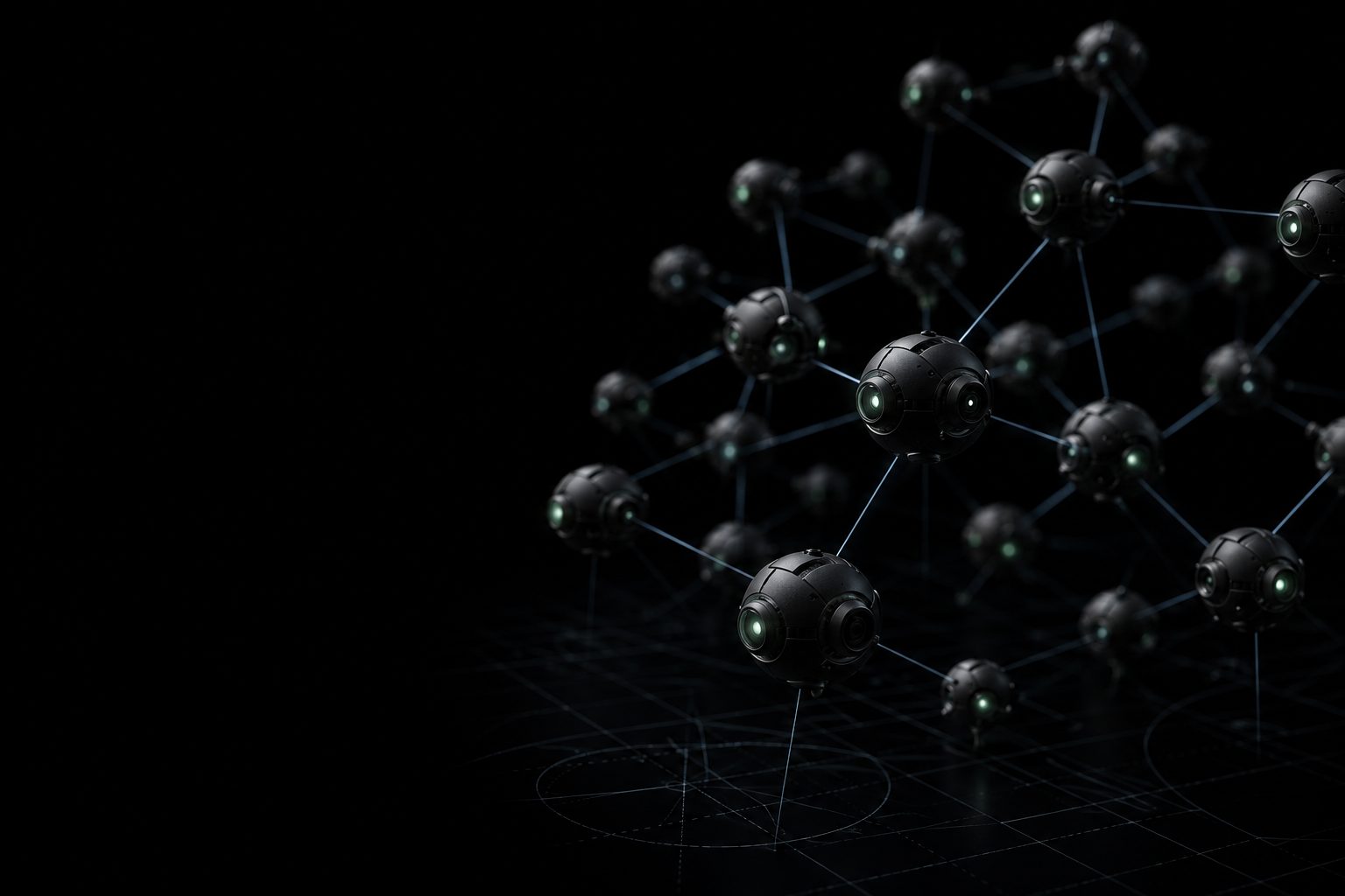 Abstract field of AI agents working across a dark scientific grid.