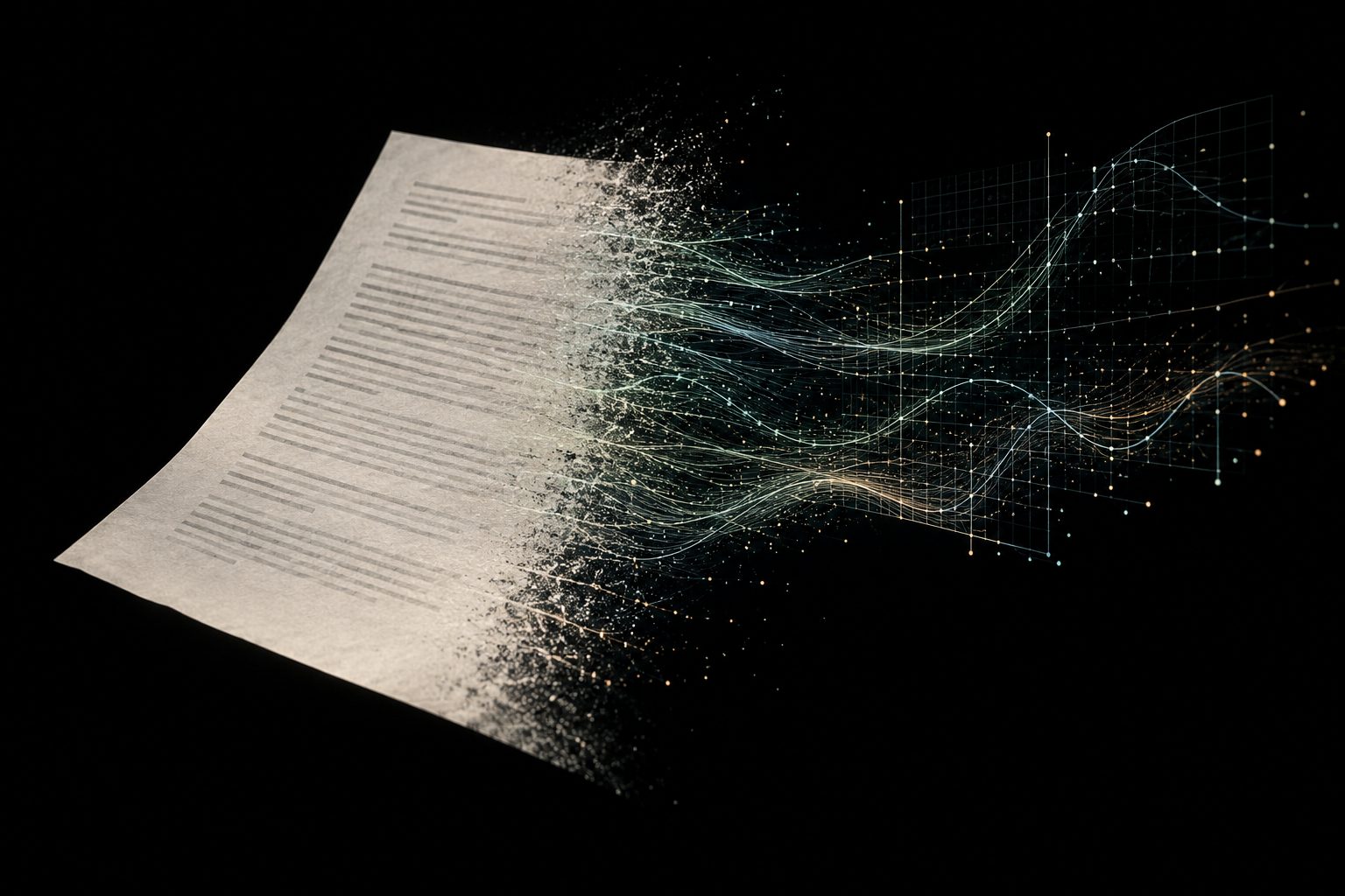 Illustration of a research paper dissolving into plotted curves.